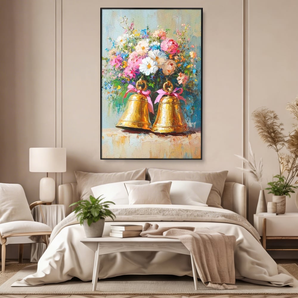 Tablou canvas cu pictura cu clopotei aurii si bujori, in rama de aluminiu negru, pe perete intr-un dormitor